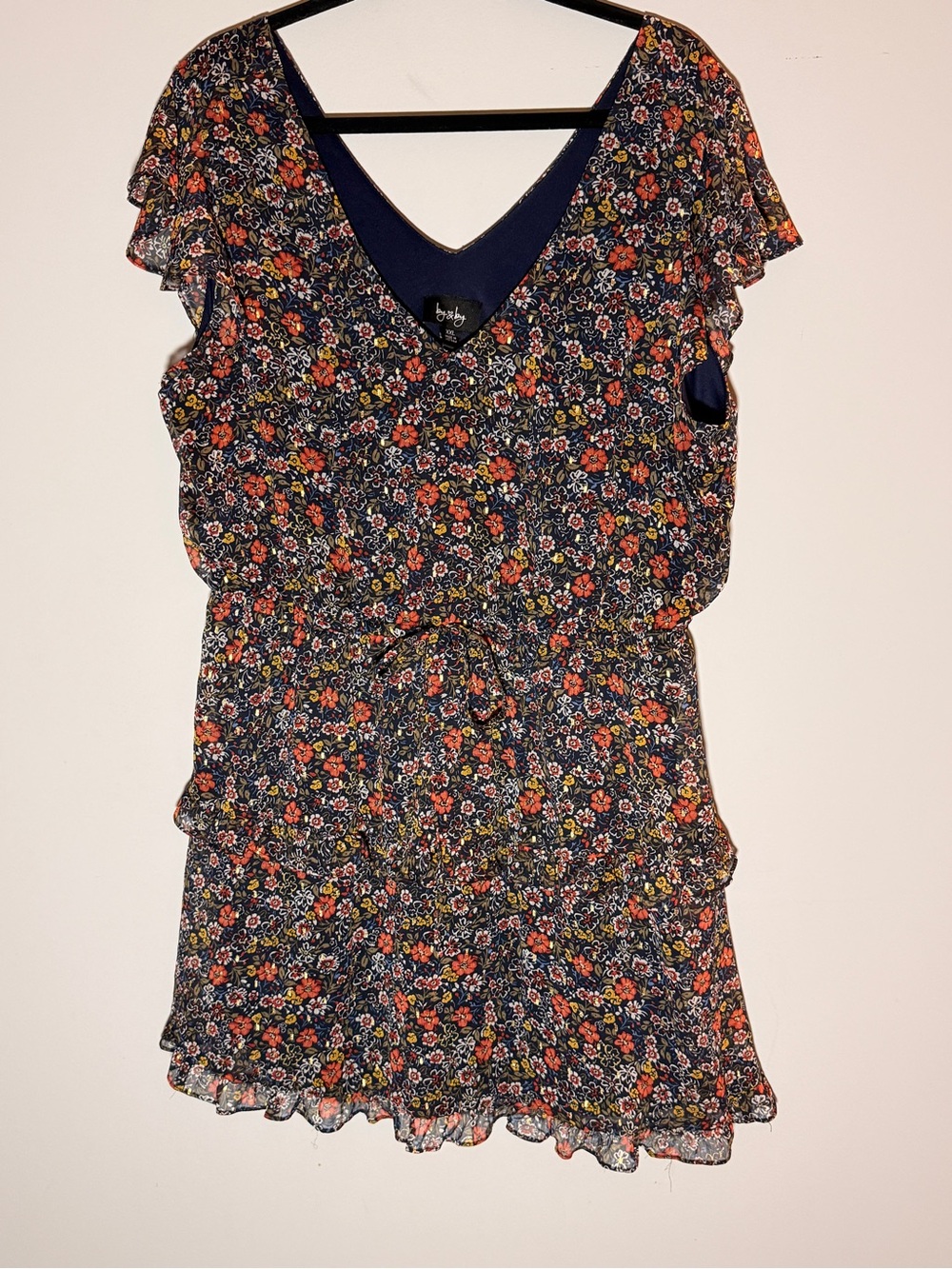 by & by Navy Floral V-Neck Tiered Ruffle Dress